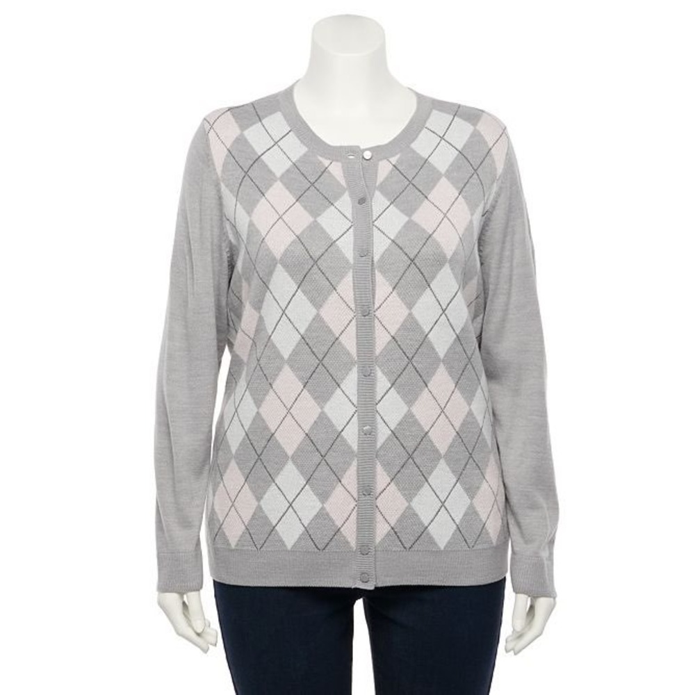 Croft & Barrow Womens Plus 2X Argyle Cardigan Sweater Preppy Crewneck Knit